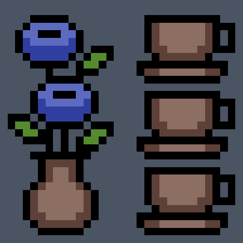 A pixel art drawing with a flowervase and coffeecups